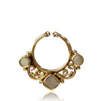 Cargar imagen en el visor de la galería, Septum Fake Piercing Nasenringe Spiralbögen 3 Perlmutt Steine Messing golden nickelfrei antik
