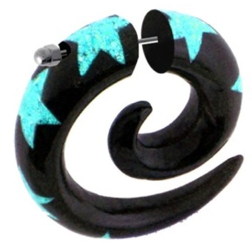 Fake Piercing, Buffalo Horn Sternen Spirale, schwarz mit türkisfarbenden Sternen, Expander, Ohrhänger, Ohrstecker, Ohrring