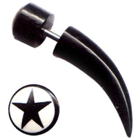 Cargar imagen en el visor de la galería, Buffalo Horn Fake Piercing, leicht gebogener Spike, schwarz mit weißer Kappe und schwarzem Stern, Ohrhänger, Ohrstecker, Ohrring
