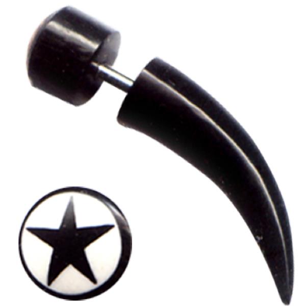 Buffalo Horn Fake Piercing, leicht gebogener Spike, schwarz mit weißer Kappe und schwarzem Stern, Ohrhänger, Ohrstecker, Ohrring