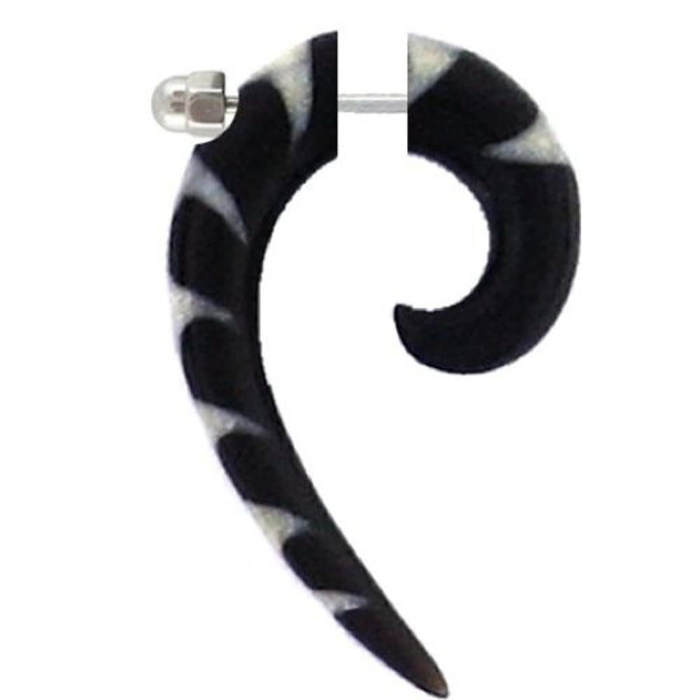 Fake Piercing, Horn Spirale mit langgezogener Spitze, schwarz mit weißem Bone-Inlay, Expander, Ohrhänger, Ohrstecker, Ohrring