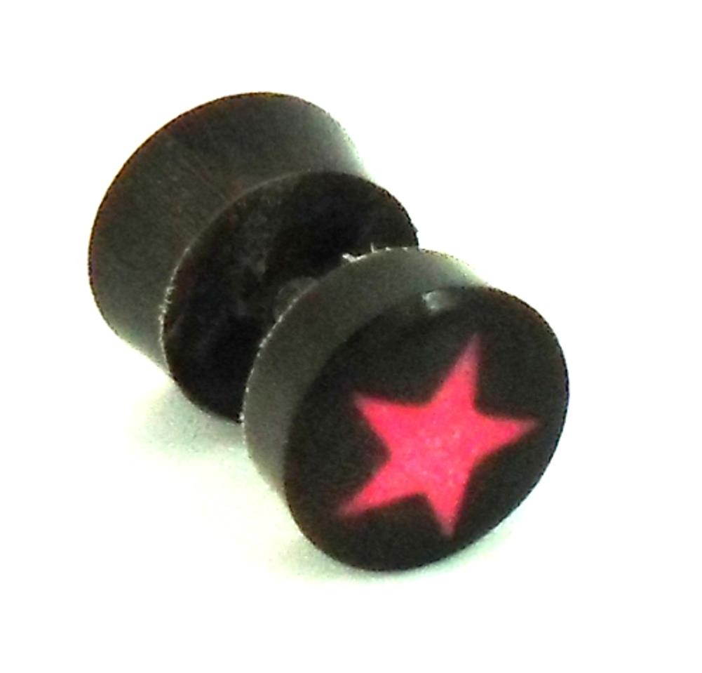 Fake Piercing Horn Plug schwarz rosa Stern Ohrstecker handgeschnitzt