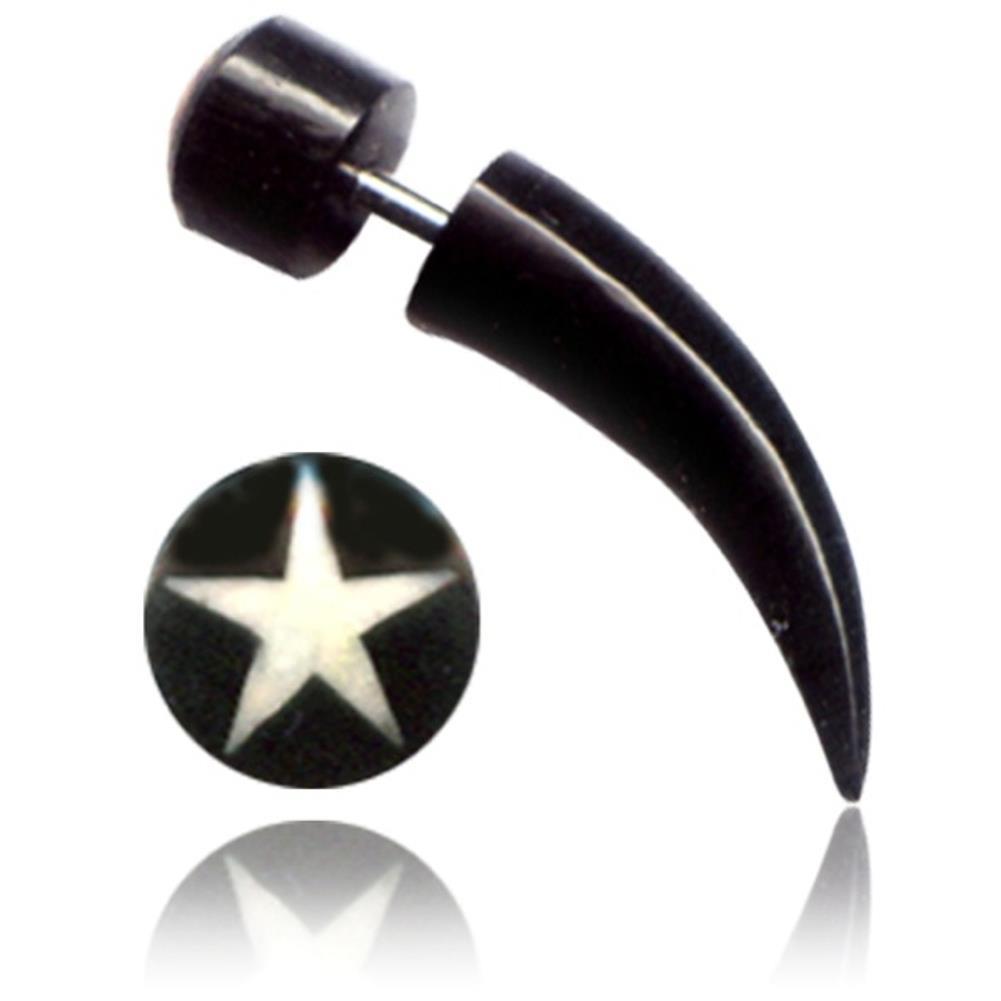 Buffalo Horn Fake Piercing, leicht gebogener Spike, schwarz mit schwarzer Kappe und weißem Stern, Ohrhänger, Ohrstecker, Ohrring