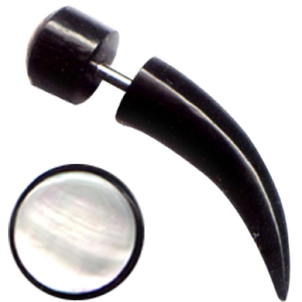 Buffalo Horn Fake Piercing, leicht gebogener Spike, schwarz mit eingefasstem Perlmutt, Ohrhänger, Ohrstecker, Ohrring