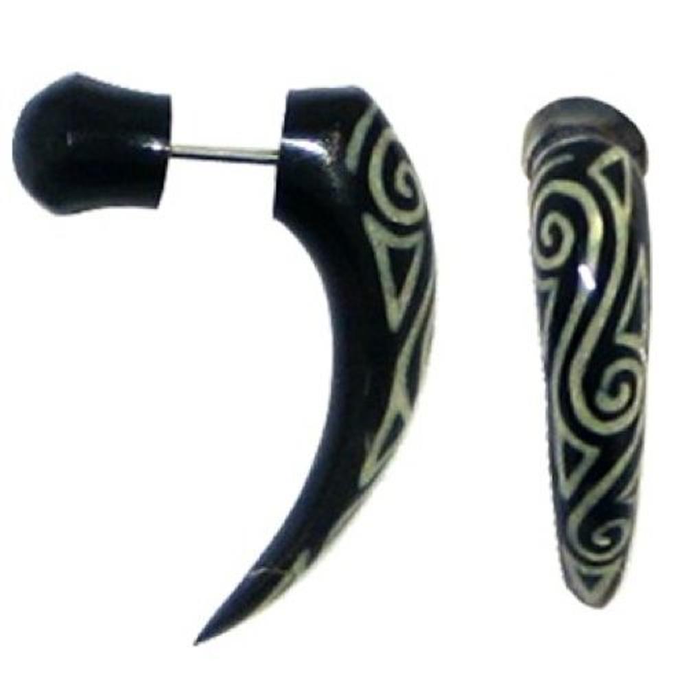 Schwarz Fake Piercing spiralig graviert Dolch Buffalo Horn 6 mm Edelstahl Ohrring Organic Tribal