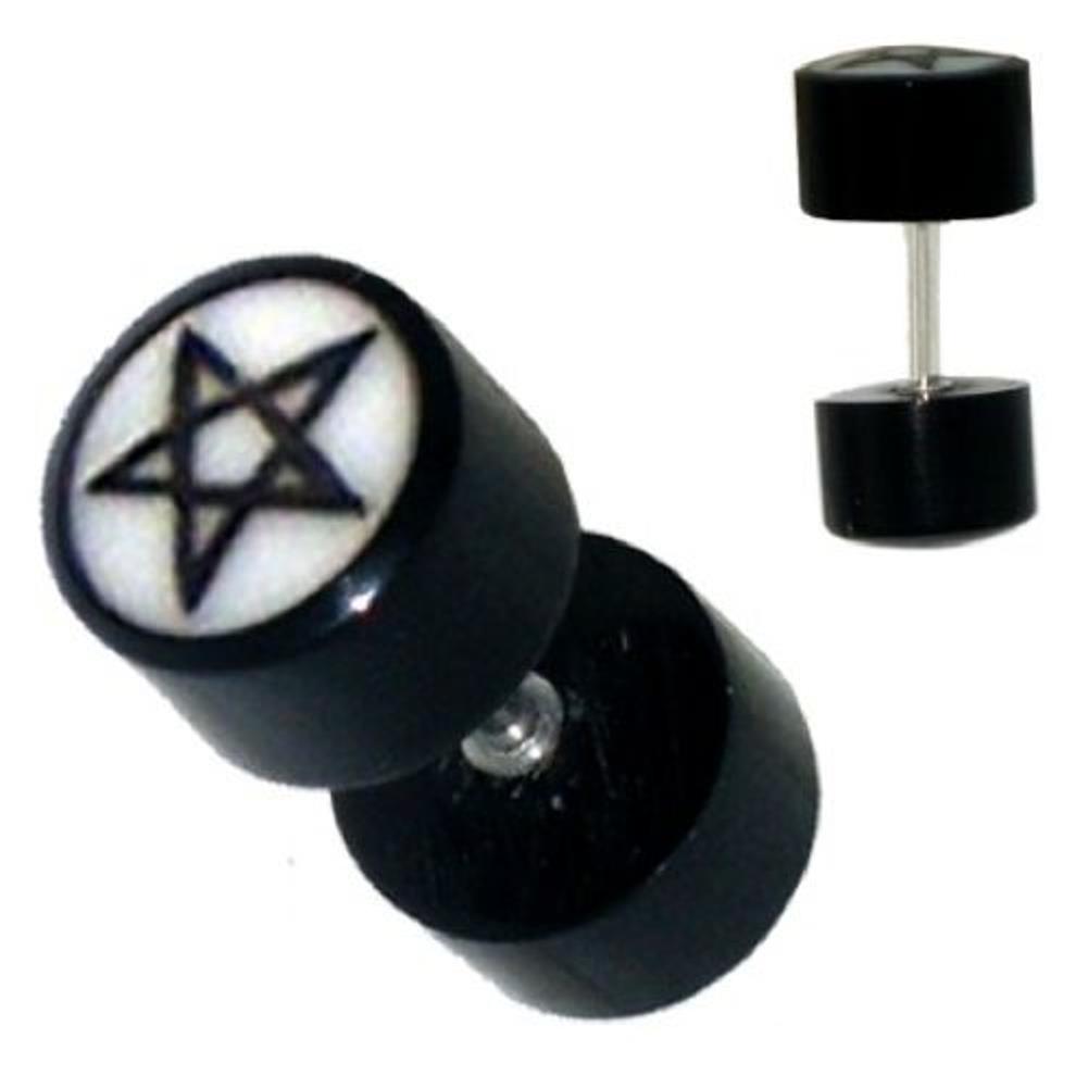 Fake Piercing Horn Stern schwarz weiß Pentagramm, Expander, Ohrhänger, Ohrstecker, Ohrring