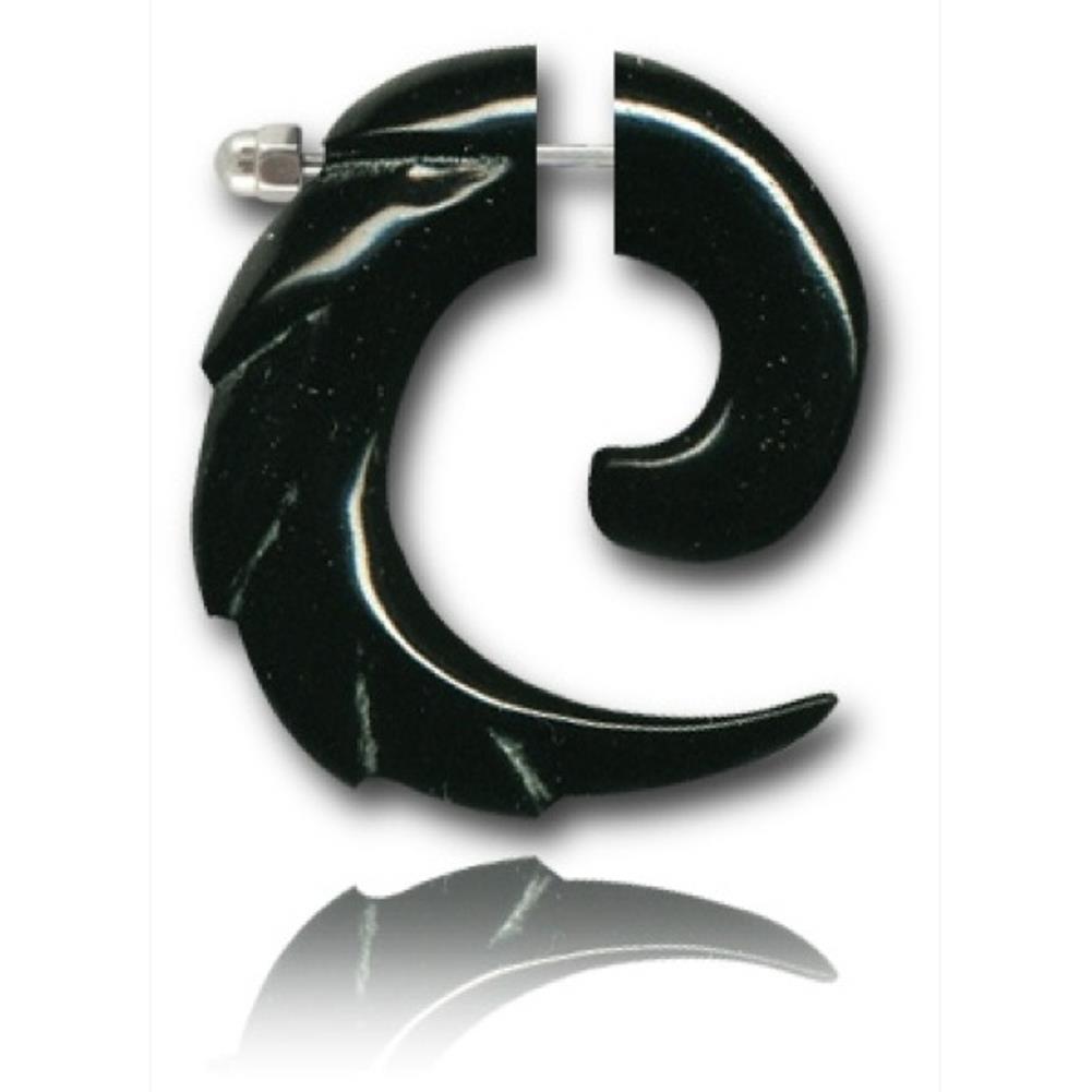 Tribal Horn Fake Piercing, Spirale mit eingraviertem Muster, schwarz, Buffalo Horn, 6mm Durchmesser, Schraubverschluss, Ohrstecker, Ohrring