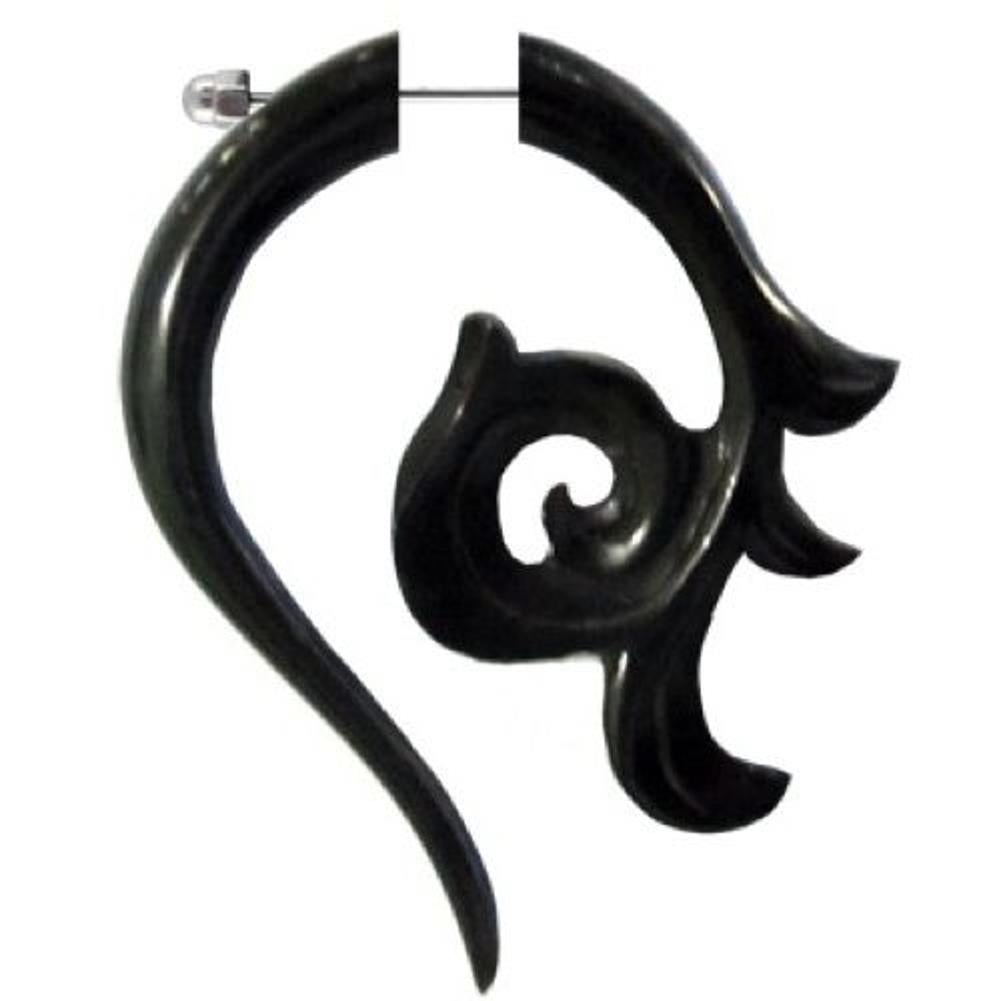 Tribal Fake Piercing, schwarze Spirale mit langgezogener Spitze, handgeschnitzt aus Büffelhorn, 0,8mm, Edelstahlbügel