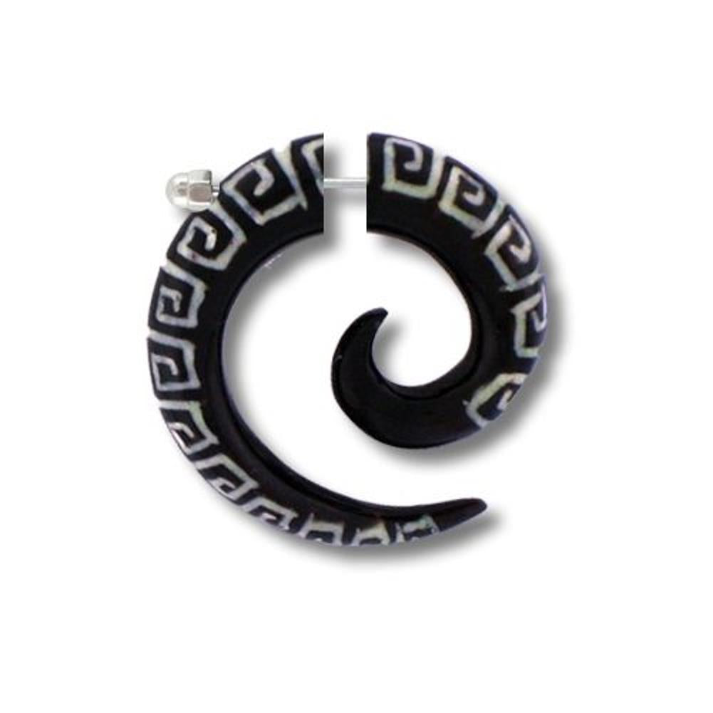 Tribal Horn Fake Piercing Celtic Spirale schwarz weiß eckig 6 mm Edelstahl Ohrring Organic