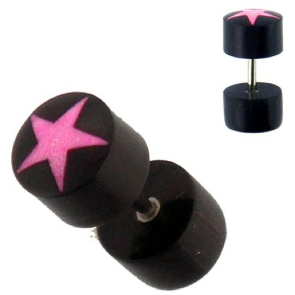 Tribal Fake Piercing, schwarzer Fakeplug mit pinkfarbenem Stern, handgeschnitzt aus Büffelhorn, 1mm, Edelstahlbügel