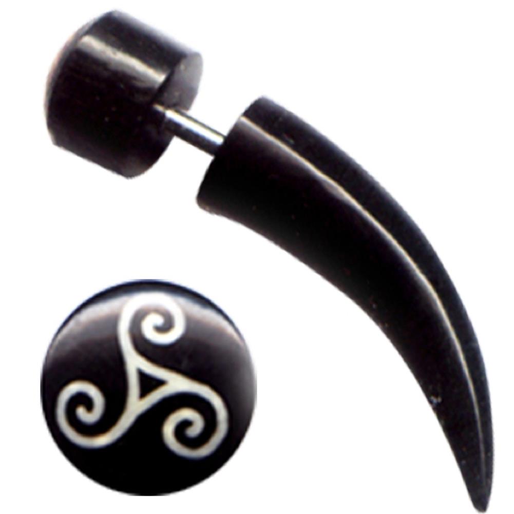 Buffalo Horn Fake Piercing, leicht gebogener Spike, schwarz mit weißem Muster, Ohrhänger, Ohrstecker, Ohrring