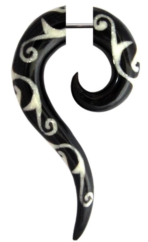 Tribal Horn Fake Piercing schwarz Spirale weiß spiralig Muster Fragezeichen Buffalo 6 mm Edelstahl