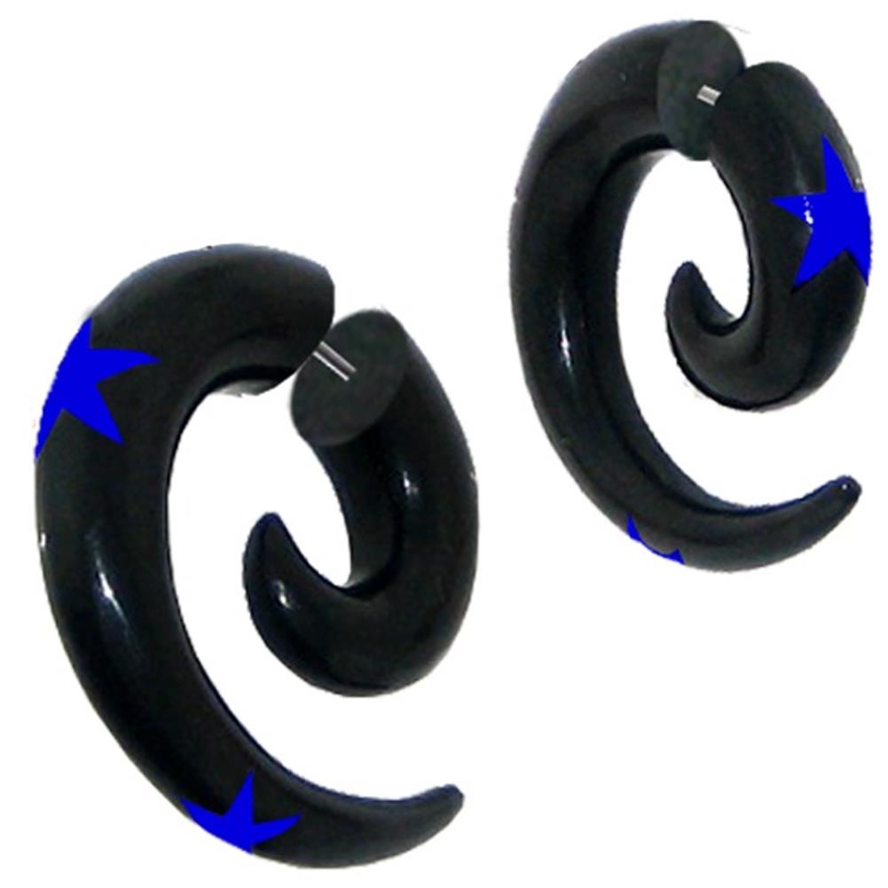 Fake Piercing, Horn Spirale, schwarz mit blauem Bone-Sterneinlay, Expander, Ohrhänger, Ohrstecker, Ohrring