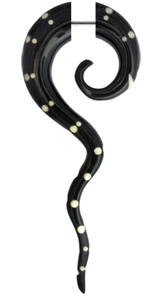 Fake Piercing, Horn Spirale mit langgezogener Spitze, schwarz mit weißen Punkten, Expander, Ohrhänger, Ohrstecker, Ohrring