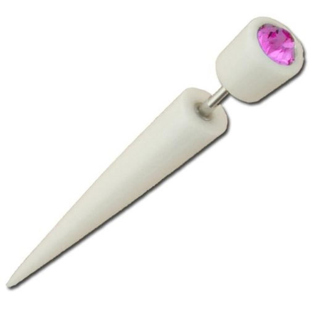 Tribal Fake Piercing, weißer Bonespike mit pinkfarbenem Kristall, handgeschnitzt aus Bone, 1mm, Edelstahlbügel