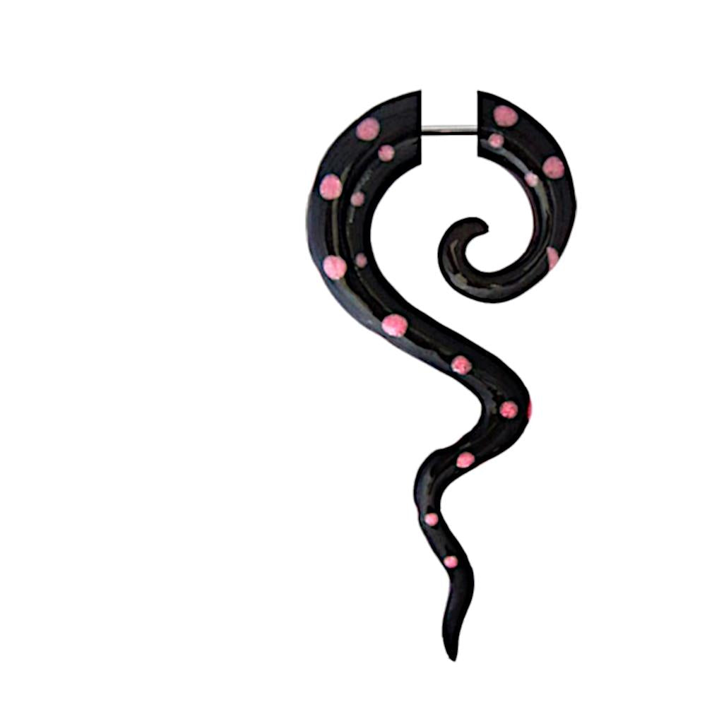 Fake Piercing, Horn Spirale mit langgezogener Spitze, schwarz mit pinken Punkten, Expander, Ohrhänger, Ohrstecker, Ohrring