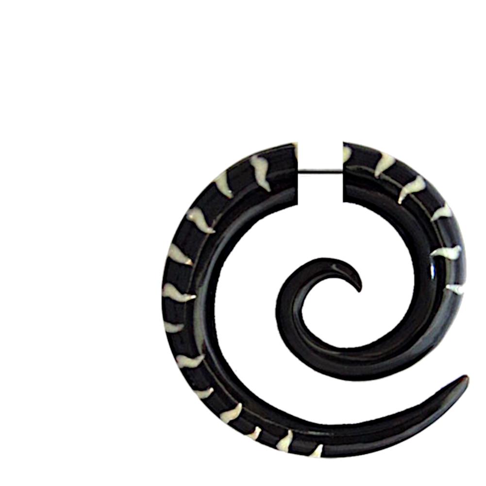 Fake Piercing, Horn Spirale, schwarz mit weißem Bone-Inlay, Expander, Ohrhänger, Ohrstecker, Ohrring
