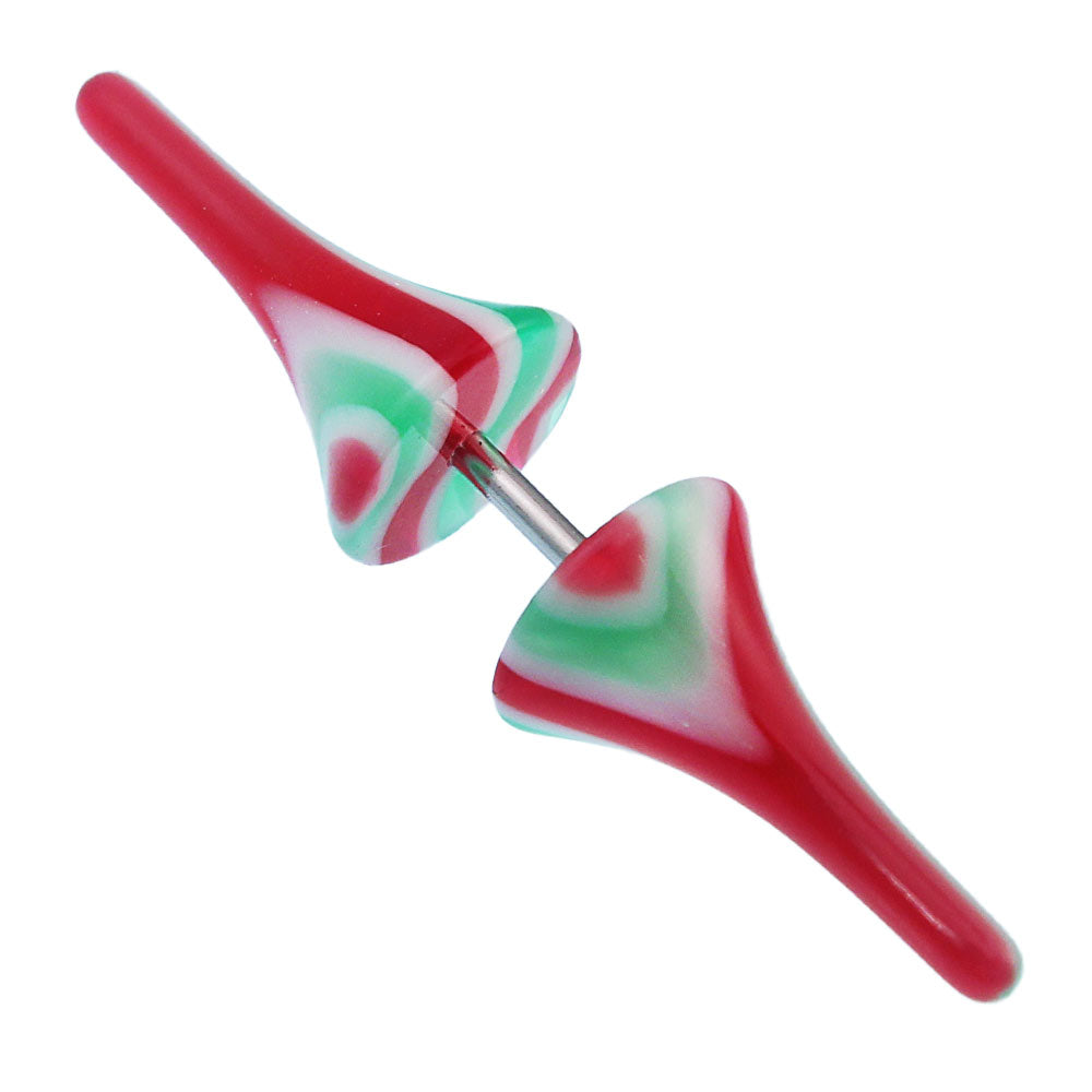 Fake Piercing Spikes mit rot-grün-weiß Muster Stern Kunststoff mit Edelstahl Stab 1mm