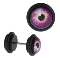 Load image into Gallery viewer, Fake Piercing Plug Tunnel Stein brauner Lila Strahlen Hintergrund schwarz Gummiring 7 mm
