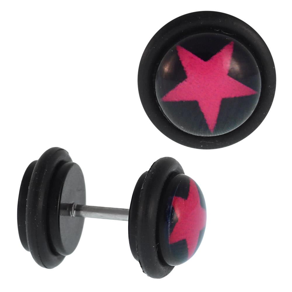 Fake Piercing Plug Stern pink schwarz Gummiring 7 mm