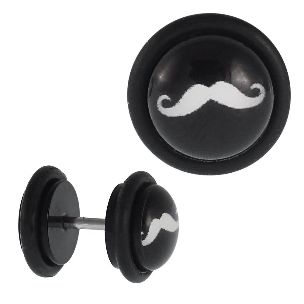 Fake Piercing Plug schwarz mit weißem Mustache Schurrbart Gummiring 7 mm