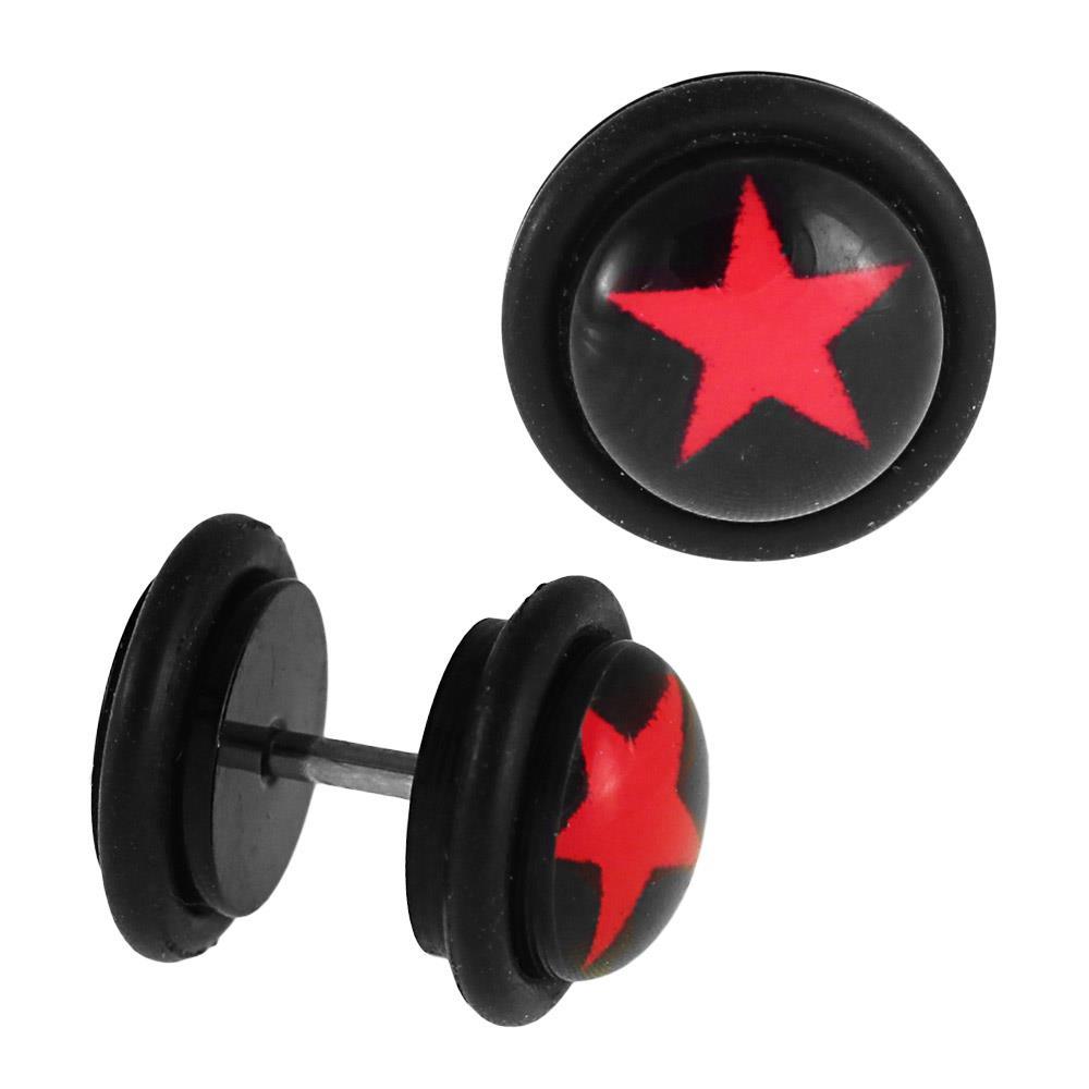 Fake Piercing Plug schwarz Stern rot Groß Gummiring 7 mm