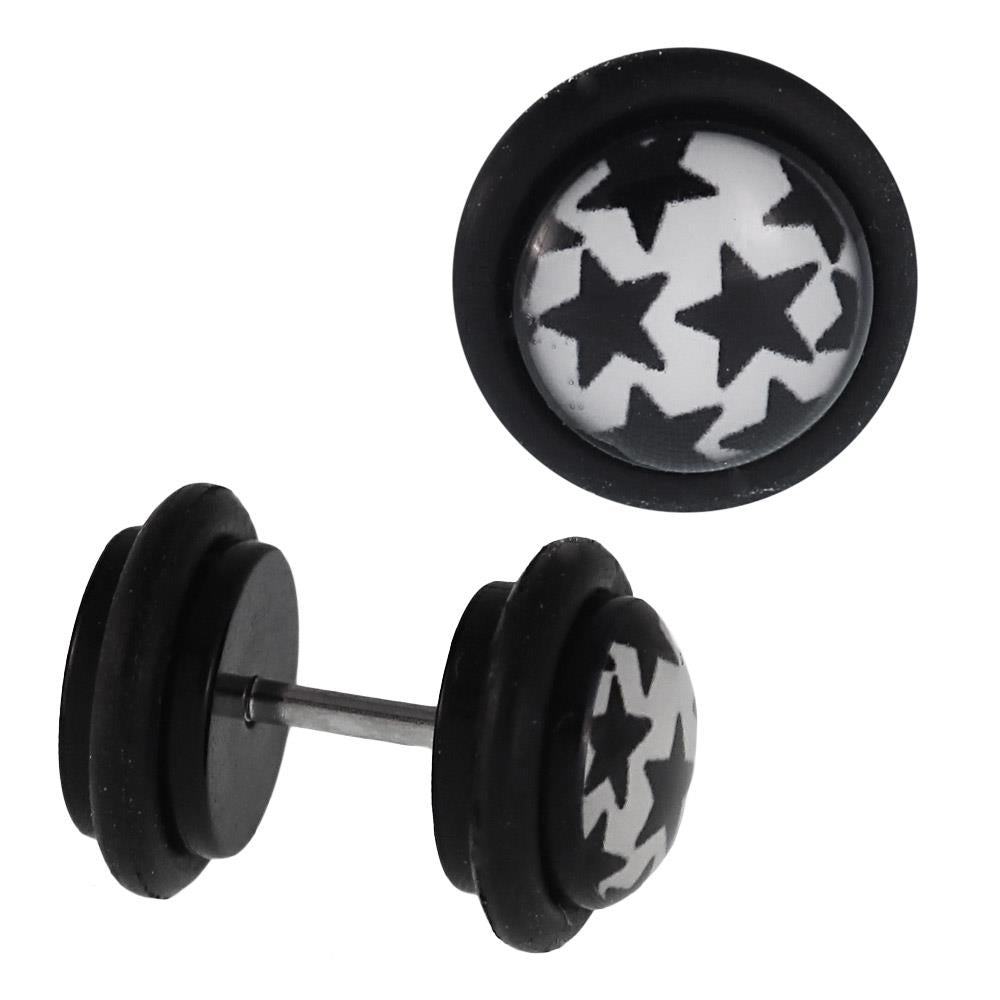 Fake Piercing Plug schwarz kleine schwarze Sterne auf weiß Gummiring 7 mm