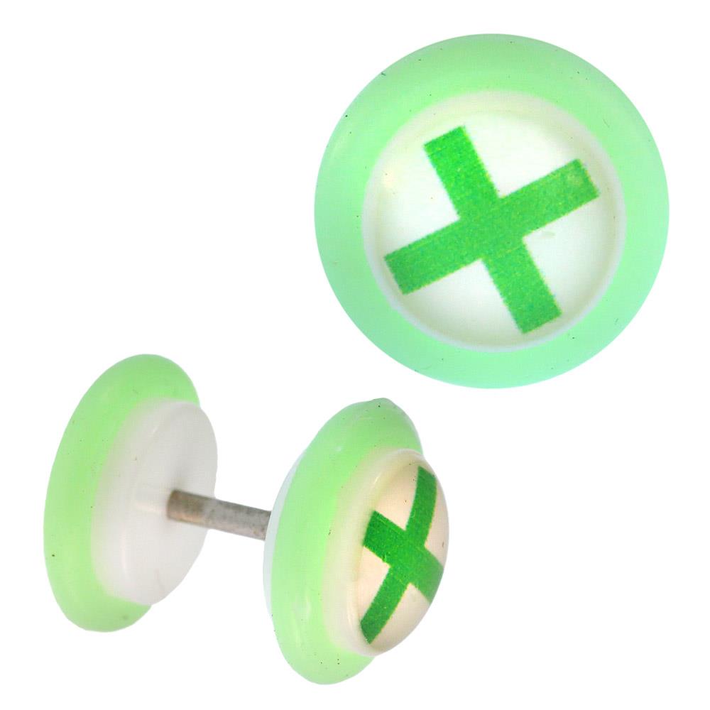 Fake Piercing Plug weiß grünes Plus Zeichen Gummiring neon grün 7 mm