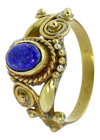 Load image into Gallery viewer, Messing Ringe Lapis oval Zopf Spiralblumen Kugeln antik golden nickelfrei Tribal Schmuck
