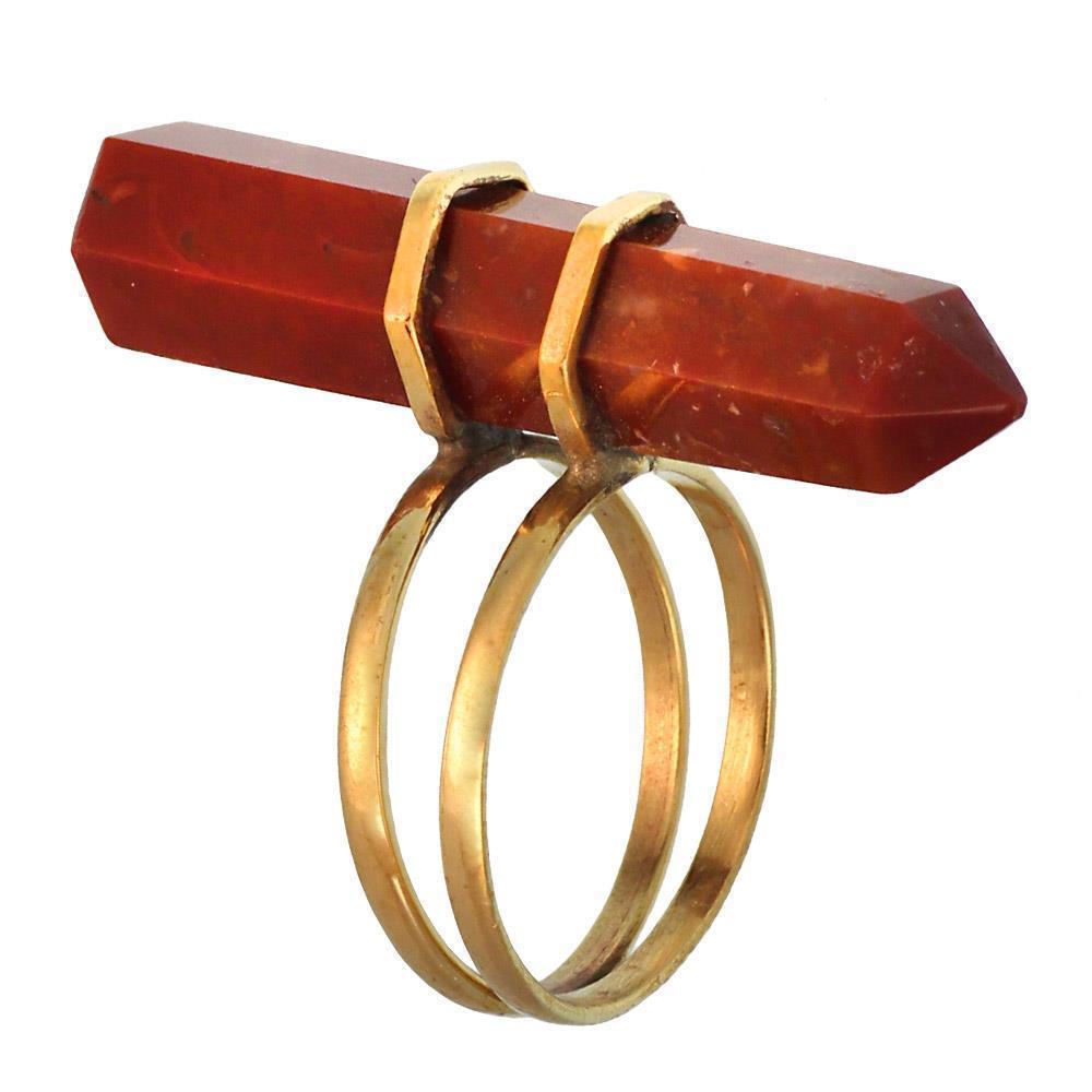 Messing Ring golden Edelstein Jaspis rot Maserung Stiftform glatt geschliffen antik