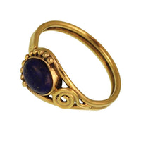 Load image into Gallery viewer, Messing Ringe Lapislazuli oval Halbkreis Kugeln Spirale antik golden nickelfrei Tribal schmal
