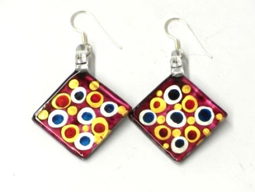 Damenohrringe, pinkfarbene karoförmige Glasohrringe mit bunten Punkten, hergestellt aus Glas und Sterlingsilber 925, handbemalt