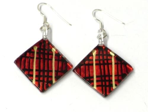 Damenohrringe, schwarz-rot-goldfarbene karoförmige Glasohrringe, hergestellt aus Glas und Sterlingsilber 925, handbemalt