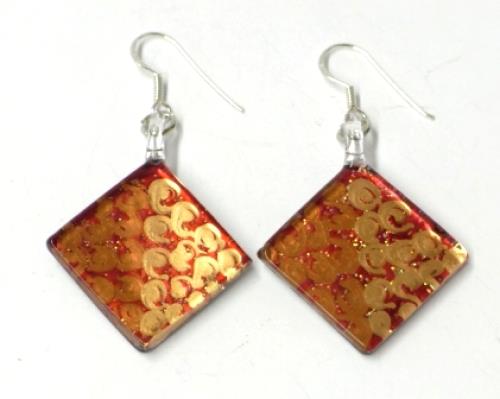 Damenohrringe, rot-goldfarbene karoförmige Glasohrringe, hergestellt aus Glas und Sterlingsilber 925, handbemalt