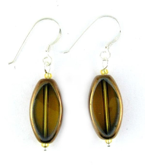 Glasohrringe, olivgrün, oval, flach, 925er Sterlingsilber-Bügel, ca. 20 mm Ø, glänzend