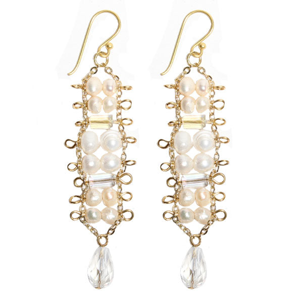 Brass Glaskristall Ohrringe gold weiß Perlen Tropfen lang Ohrhänger Ethno Designer