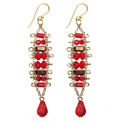 Brass Glaskristall Ohrringe gold rot koralle kupfer Tropfen lang Ohrhänger Ethno Designer