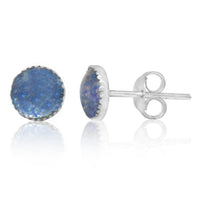 Load image into Gallery viewer, A pair of Ohrstecker Glitzer blau Resin 925er Sterling Silber Ohrringe für Damen, shown on a white background—one earring facing forward, the other from the side, highlighting round blue glitter stones.
