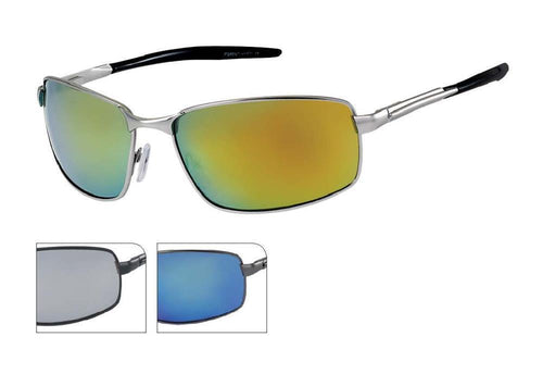 A pair of Sonnenbrille Herren Brille grau, sportlich und verspiegelt mit UV 400 Schutz. Zwei kleine Bilder zeigen Varianten mit silberner und blauer Verspiegelung. Die schwarzen, zweiteiligen Bügel haben metallische Details.