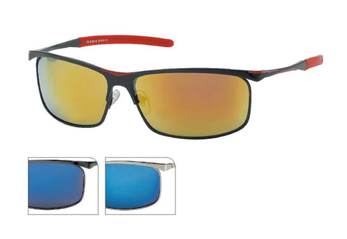 Sonnenbrille zweifarbig Herren Brille aus Metall mit schwarzen Rahmen, roten Bügeln, gelb-orangenen oder blauen verspiegelten Gläsern, UV-Schutz 400 und langen Bügelkappen. Verschiedene Rahmenfarben verfügbar.