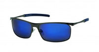 Load image into Gallery viewer, A pair of Sonnenbrille zweifarbig Herren Brille with rechteckigem Metallrahmen, verspiegelten blauen Gläsern und 400 UV-Schutz, mit langen Bügelkappen, wird schräg auf weißem Hintergrund präsentiert.
