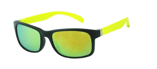 The Sonnenbrille Herren verspiegelt 400 UV features black frames, green mirrored lenses, and bright yellow arms, offering UV-Schutz 400. Displayed on a white background.