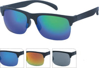 Load image into Gallery viewer, The Sonnenbrille Herren verspiegelt 400 UV breit Unterseite frameless bunt is a black half-frame men’s sunglass with blue-green mirrored lenses and UV 400 protection, shown with orange, gray, and clear interchangeable lenses in smaller images below.
