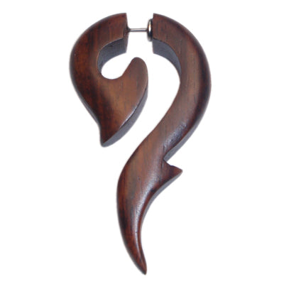Tribal Fake Piercing Sono Holz Beil Fragezeichen Spitze braun Ohrring 5,0 x 2,7 cm Edelstahl 1 mm
