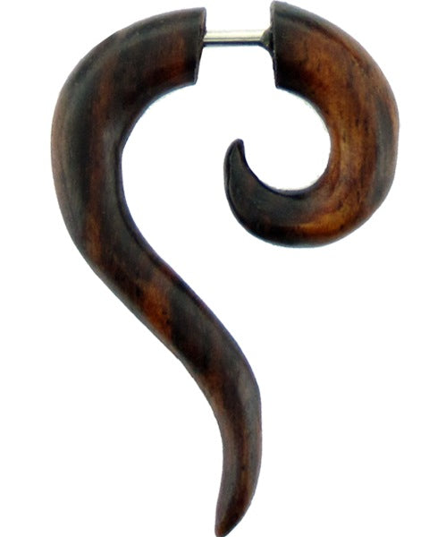 Tribal Spirale langgezogene Spitze Ohrring Sono Holz braun Fake Piercing Ohrstecker Edelstahl