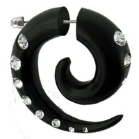 Cargar imagen en el visor de la galería, Tribal Fake Piercing schwarz Spirale weiß Kristalle handgeschnitzt Eisenholz Edelstahl 1 mm
