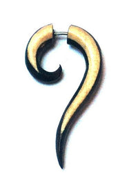 Load image into Gallery viewer, Tribal Fake Piercing schwarz beige Fragezeichen Holz handgeschnitzt Sonoholz Edelstahl organic
