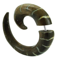 Load image into Gallery viewer, Tribal Fake Piercing Spirale Bone Inlay Wellen handgeschnitzt Tamarinden Holz Edelstahl Organic
