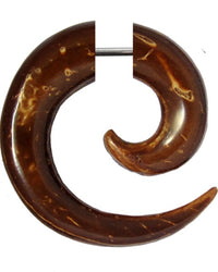 Load image into Gallery viewer, Tribal Fake Piercing Holz Spirale Unisex handgeschnitzt Kokosholz Edelstahlbügel Organic dunkelbraun
