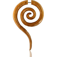Load image into Gallery viewer, Fake Piercing Teak Holz Spirale lang 62 mm Plug Ohrstecker braun gemasert

